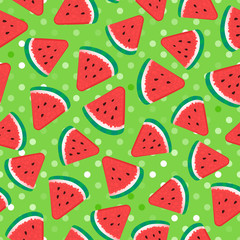 Watermelon pieces. Seamless pattern. Vector illustration on green