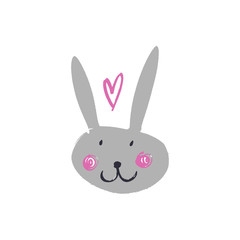 Children's handwriting. Cute funny rabbit boy face. Funny doodle animal. Little bunny in nursery cartoon style.