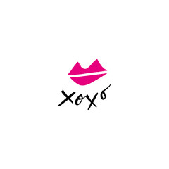 Hand drawn lipstick kiss symbol, hugs and kisses text. Isolated details