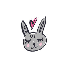Cute rabbit face. Funny doodle animal. Little bunny in nursery cartoon style
