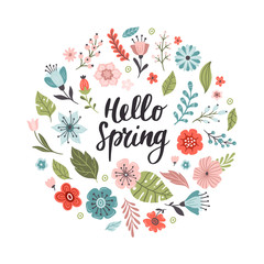 Sunny hand-drawn banner with flowers and text Hello spring. Floral vector illustration. Great for logo, website, postcard, banner or print.