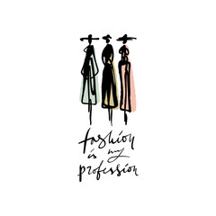 Fashion models hand drawn sketch, stylized ink silhouettes isolated on white background