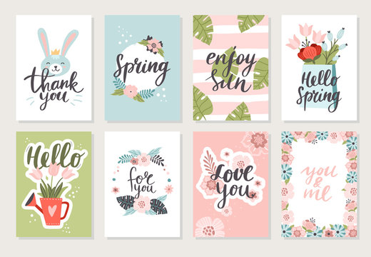 Set of lovely hand-drawn banners with flowers and a bunny. Vector illustration with floral graphic design. Great for wallpaper, website, postcard, banner, textile or print.
