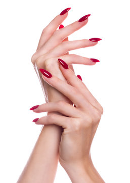 Bright Festive Red Manicure On Female Hands. Nails Design