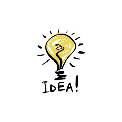 Sketch light bulb icon, idea concept. Doodle style, handdrawn funny sign