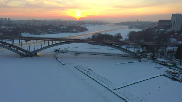 Aerial view of "Vasterbron" bridge in Stockholm, Sweden