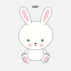 Hand drawn vector illustration of a cute funny rabbit. Isolated objects on white background.