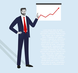 businessman points to growth statistics. Annual statistics. Money, success in business, concept is something. Financial charts theme elements. An illustration of a faceless man pointing at a graph
