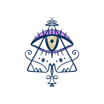 Hand drawn Eye of Providence stylized symbol. Triangle pyramid. Boho alchemy symbol tattoo or sticker. Isolated EPS