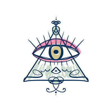 Hand drawn Eye of Providence stylized symbol. Triangle pyramid. Boho alchemy symbol tattoo or sticker. Isolated EPS