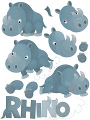 cartoon scene with set of rhinoceros on white background with sign name of animal - illustration for children
