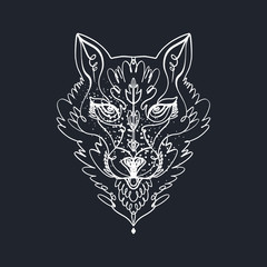 Patterned head of the wolf, animal face on background. African or indian totem, boho style, flash tattoo design