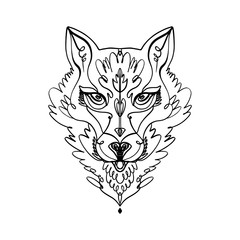 Patterned head of the wolf, animal face on white background. African or indian totem, boho style, flash tattoo design