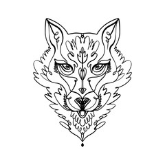 Patterned head of the wolf, animal face on white background. African or indian totem, boho style, flash tattoo design