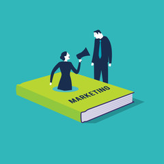 Businessman looking a marketing book cover with woman. Vector illustration