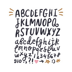 Hand drawn font set. ABC, alphabet. Clipart, isolated vector letters and decor elements.