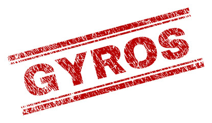 GYROS seal print with grunge style. Red vector rubber print of GYROS text with unclean texture. Text caption is placed between double parallel lines.