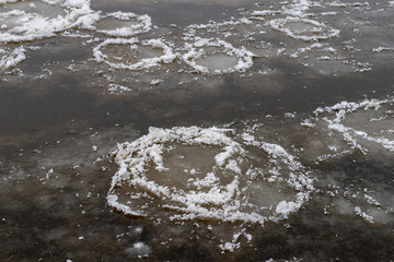 Ice on a large river. A frozen kra on the surface of the water in the riverbed.