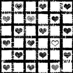 Heart shapes seamless pattern on retro pop up grunge brush endless background for Valentines or Mother's day design. 8 March Women's Day or love, symbols. Vector.