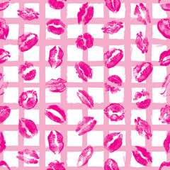 Fototapeta na wymiar Female lips, mouth with a kiss stain, seamless pattern on pop up background. Retro style endless wrapping paper for Valentine day adult sex shop merchandise. Vector.