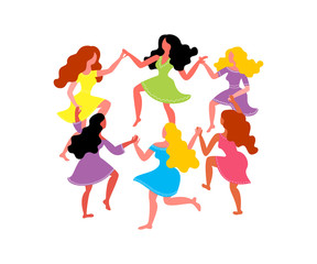 Women's round dance. Women with long hair and dresses hold hands. Vector illustration on March 8th. Card for International Women's Day.