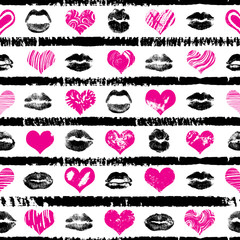 Pink red and black hearts and lips seamless pattern on stripped background. Grunge endless line prints wrapping paper. Kiss day, Valentine's background, Love fashion. Vector.