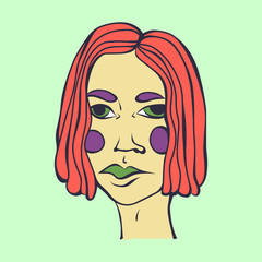 Vector character of sad girl with red hair, violet eyebrows, green eyes and lips. Illustration for print, card or poster. Isolated portrait on light green background