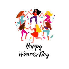 Women's round dance. Six women hold hands. Vector illustration on March 8th. Card for Women's Day.