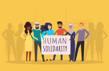 International human solidarity day concept diverse friend group from different cultures hugging together for community help, social equality. Yellow background with big city. Vector illustration.