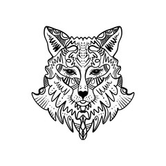 Totem wolf or fox, boho hippie illustration for sketches of tattoos. Northen style, sticker. Antistress art