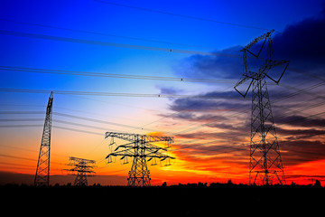 Pylon, high-voltage tower sky background.