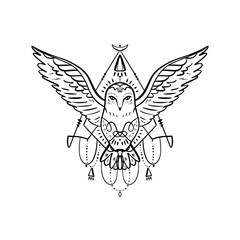 Owl tattoo outline. Boho tribal style. Line ethnic ornaments. Poster, spiritual art, symbol of wisdom. Antistress art