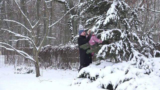 farther with baby girl shake off snow from bush branches in winter garden. 4K