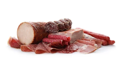 Photo sur Plexiglas Viande Different tasty meat delicacies on white background
