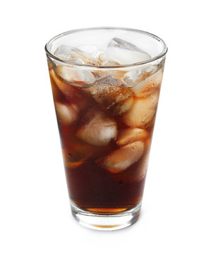 Glass of refreshing cola with ice cubes on white background