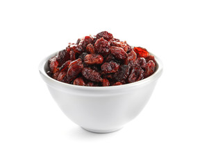 Bowl with cranberries on white background. Dried fruit as healthy snack