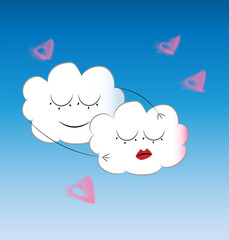 Valentine card. Hugging cartoon clouds on a blue background with pink hearts