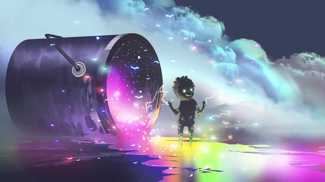 fantasy concept showing a big bucket lying on surface and a cute creature standing on puddle of colorful paint, digital art style