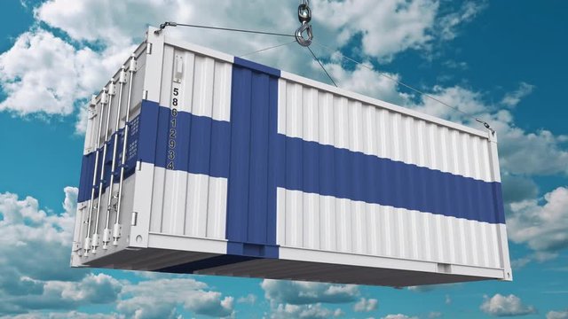 Cargo container with flag of Finland. Finnish import or export related conceptual 3D animation