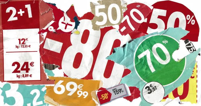 SALE Discount Animation, Special Offer, Percentages, Coupons, With Pieces Of Torn Paper In Supermarket Catalog Brochure - DCi 4K Resolution
