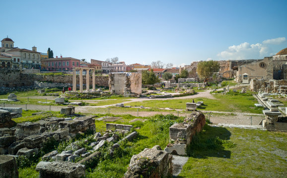 athens/greece january 21 2019 : the ancient market in athens center,ruins of the market give an image of how it was back in time