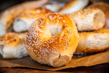 Assortment of authentic fresh baked New York style bagels with seeds