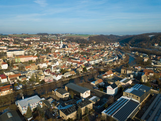 The city Roßwein and the Freiberger Mulde river in Central Saxony from above / Saxony, Germany
