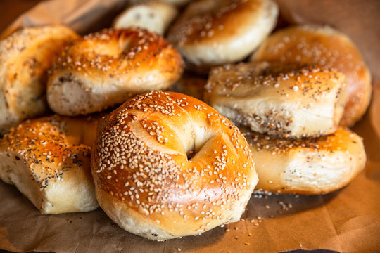 Assortment of authentic fresh baked New York style bagels with seeds