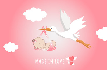 Cute cartoon stork and baby. Vector illustration of a flying bird carrying a newborn kid isolated on a blue background