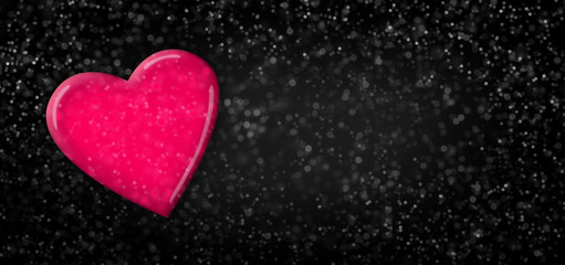 Pink heart on black sparkling background/panorama