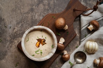 Fototapeta premium Homemade cream of mushroom soup, Overhead view