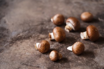Brown Portobello mushrooms still life, selective focus