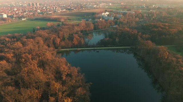 Beautiful view of Maksimir Park and Lake Peto in Zagreb during late autumn. Croatia. Aerial view traveling