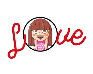 Valentines Day Greeting Banner.  Big Letters Love. Valentine card cute little girl in love. Romantic vector illustration. Vector. Isolated on white background. Vector illustration in a cartoon style. 
